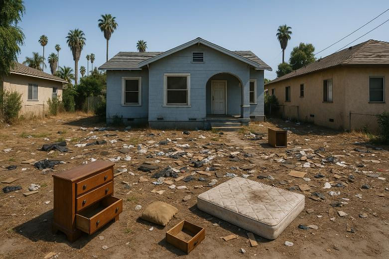 Foreclosed property before cleanup in Los Angeles shown with scattered debris