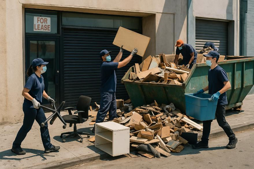 Professional cleanup crew removing junk from a foreclosed business in LA