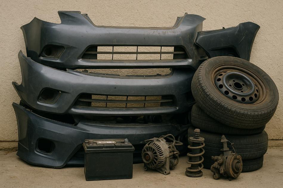 Various car parts like bumpers, tires, and old batteries stacked for junk removal