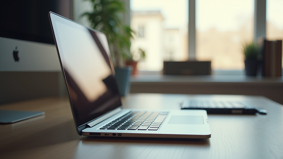 Eye-level view of a laptop on a desk with a calm home office setup