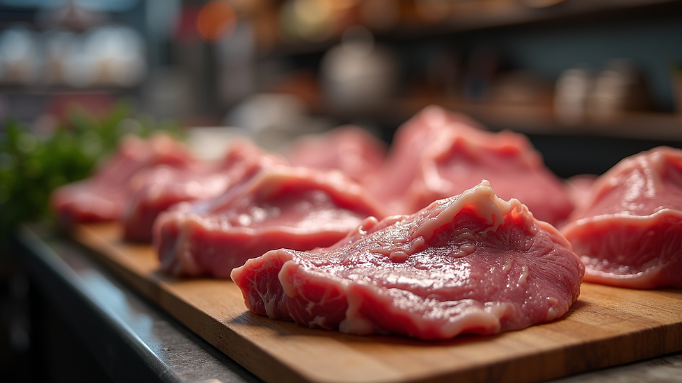 Close-up view of locally sourced meat in a butcher shop