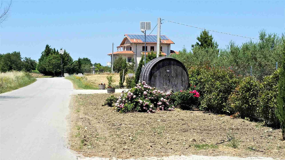 Una strada che porta alle cantine Cipressi, con una botte del vino e dei fiori all' esterno