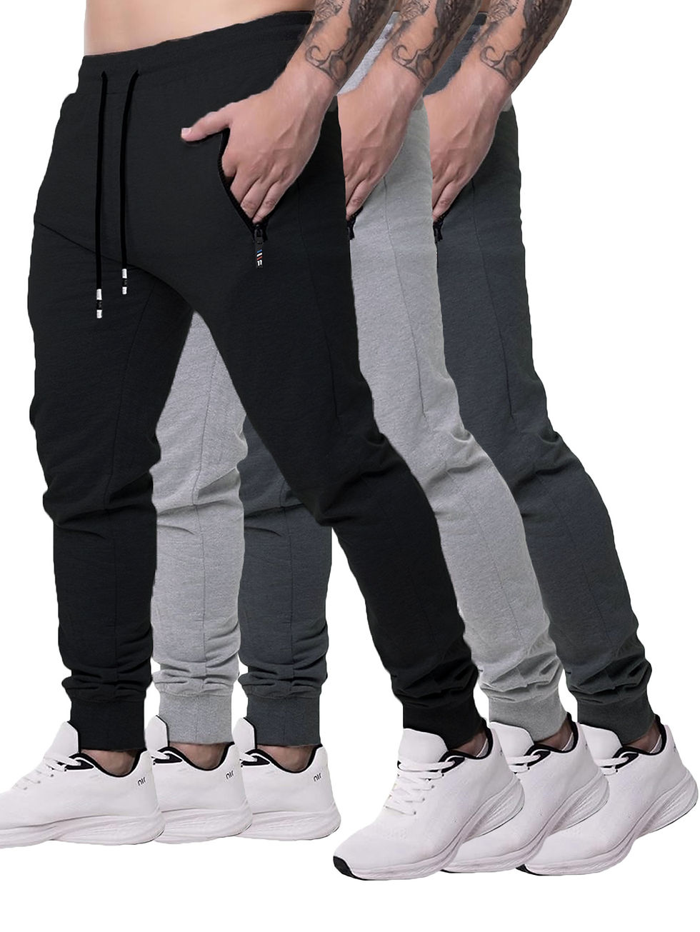 Thumbnail: 3 Pcs Men Jogger Sweatpants Zipped Pockets Drawstring Tapered Cuffs