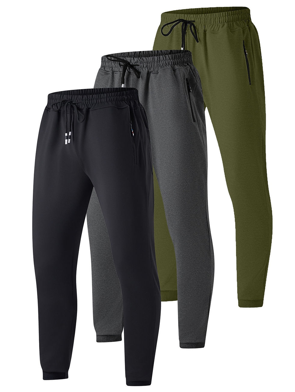 Thumbnail: 3 Pcs Men Jogger Sweatpants Zipped Pockets Drawstring Tapered Cuffs