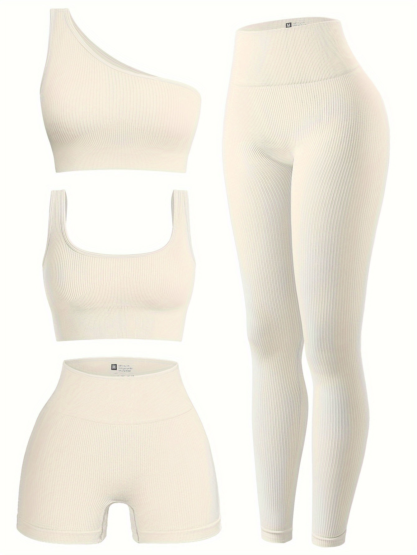 Women's 4pcs Ribbed Exercise Scoop Neck Sports One Shoulder High Waist