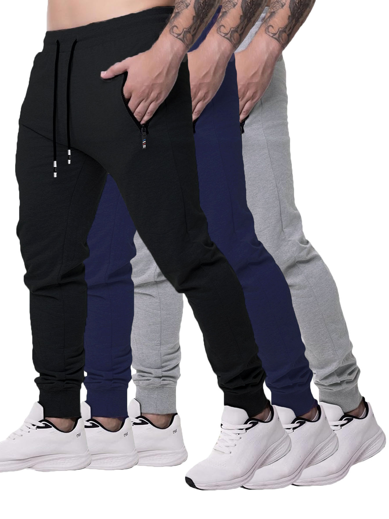 3 Pcs Men Jogger Sweatpants Zipped Pockets
