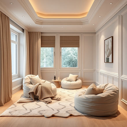luxury room high end luxury for kids with bean bags and soft tones, natural tones, neutral