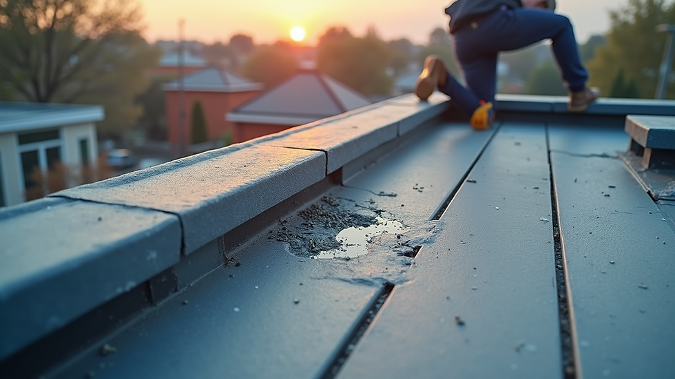 High angle view of roof decking being inspected for damage