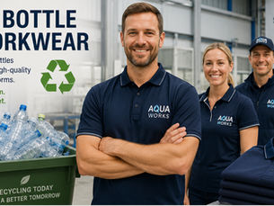 Professional Australian workers wearing sustainable uniforms made from recycled plastic bottles, highlighting the journey from recycled PET bottles to eco-friendly workwear.