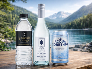 Aquaworks premium Australian spring water range, featuring Peninsula Springs, Little Hampton and Acqua Sorrento across multiple packaging formats.