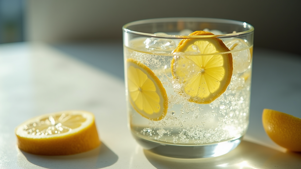 High angle view of a glass filled with sparkling water and fresh lemon slices