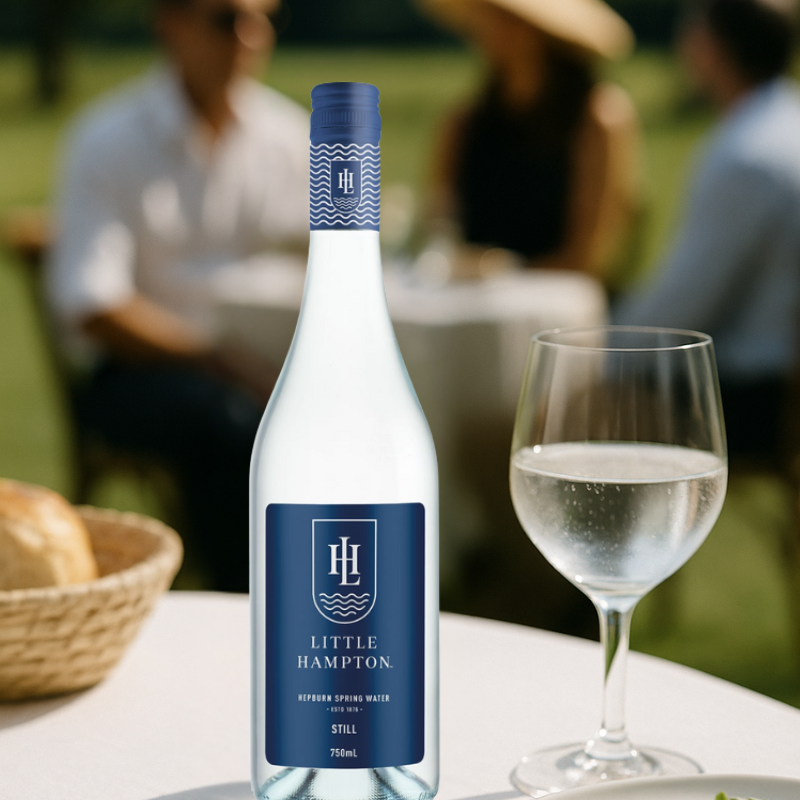 Little Hampton Still Water 750ml bottle on a table with a glass.