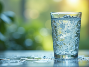 Glass of water placed outdoors in natural light, symbolising hydration, wellness, and healthy lifestyle