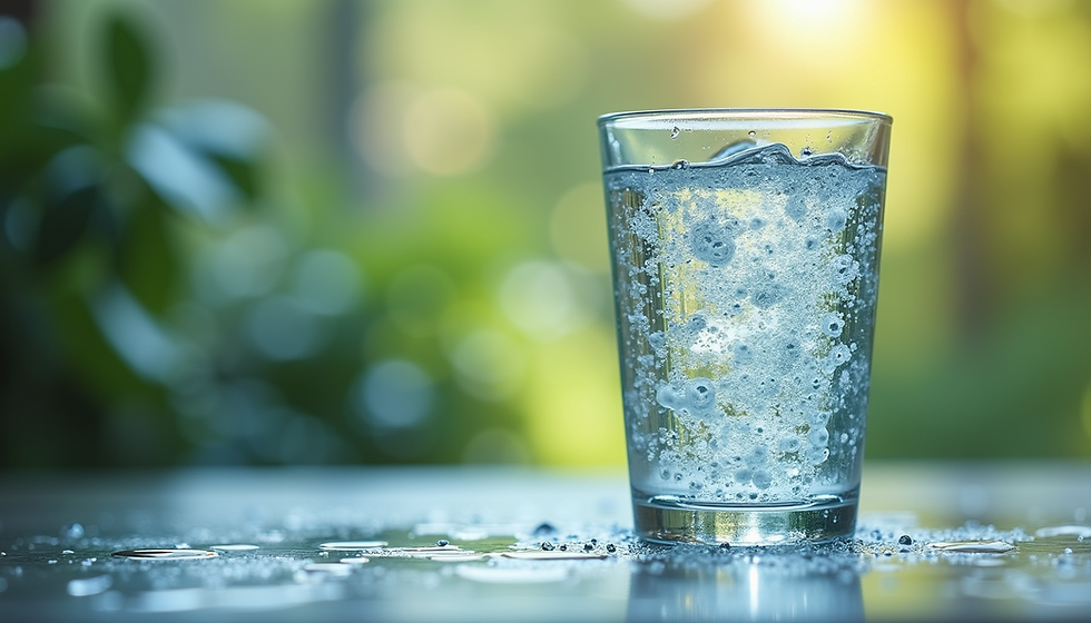 Glass of water placed outdoors in natural light, symbolising hydration, wellness, and healthy lifestyle