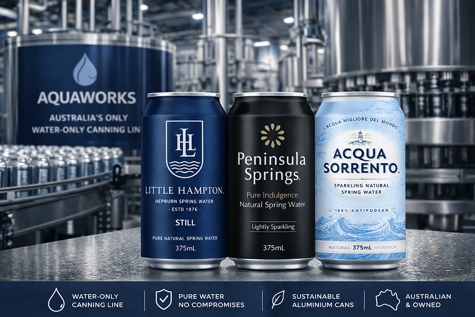 Australia water-only canning line with aluminium cans of Little Hampton, Peninsula Springs and Acqua Sorrento spring water