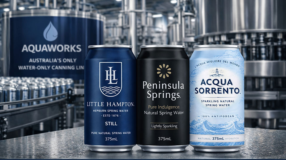 Australia water-only canning line with aluminium cans of Little Hampton, Peninsula Springs and Acqua Sorrento spring water