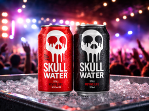 Skull Water sparkling and still canned spring water displayed at a music festival event