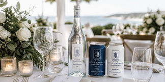 Little Hampton spring water glass bottle and aluminium cans hospitality event table setting Australia
