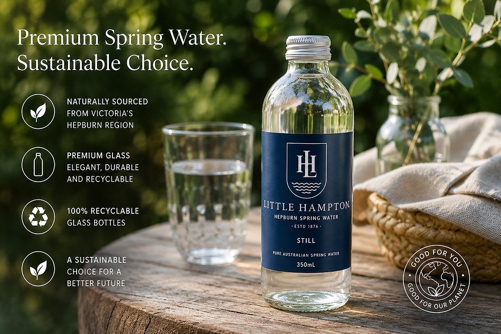Little Hampton Australian Spring Water in premium recyclable glass bottles, highlighting sustainable packaging and Hepburn Region sourcing.