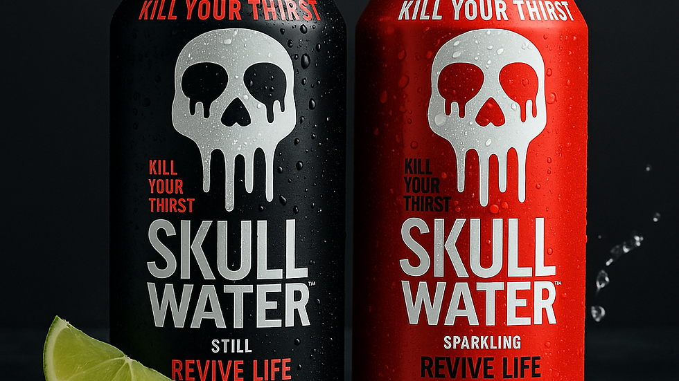 Two Skull Water cans, one sparkling red and one still black, displayed side by side on a neutral background, showcasing modern Australian spring water branding