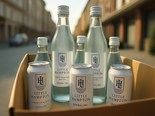 Little Hampton sparkling spring water bottles and cans arranged in a cardboard delivery box on a sunlit street, showcasing online delivery and ordering convenience.