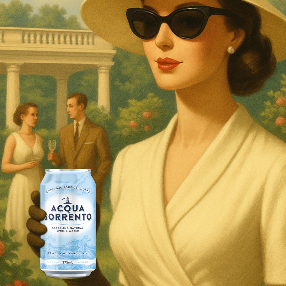 Woman holding Acqua Sorrento sparkling water Australia can