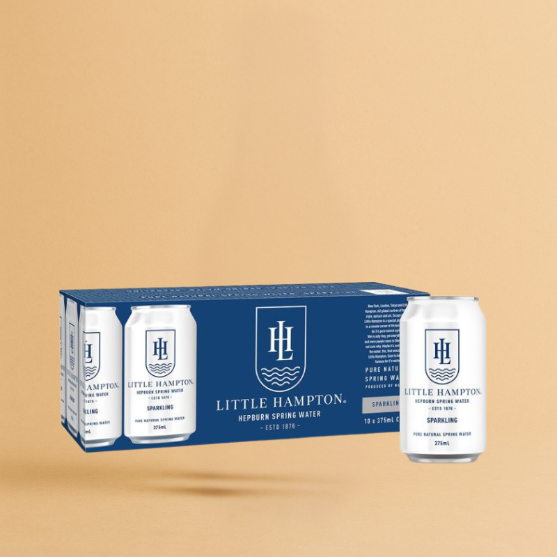 Little Hampton Sparkling Water 375ml x 10 Cans. Cans of sparkling water on a light background.