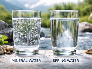 Mineral water vs spring water comparison showing sparkling and still water glasses in a natural outdoor setting