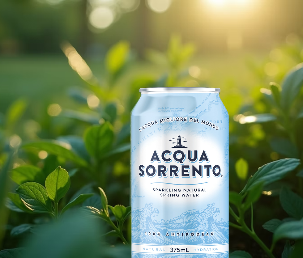 Eco-friendly Acqua Sorrento sparkling spring water can in a natural garden setting with morning sunlight, symbolising sustainable Australian hydration in 100 percent recyclable aluminium