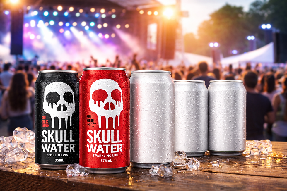 Promotional canned water at events in Australia showing branded aluminium cans for festivals and corporate use