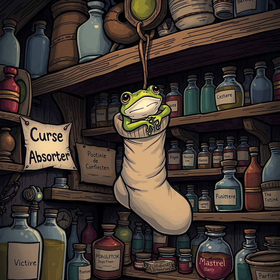 A frog dangles calmly in a sock from a shelf in a potion-filled apothecary, surrounded by labeled bottles and jars—an illustrated nod to the ritual of curse absorption through amphibian hosiery.
