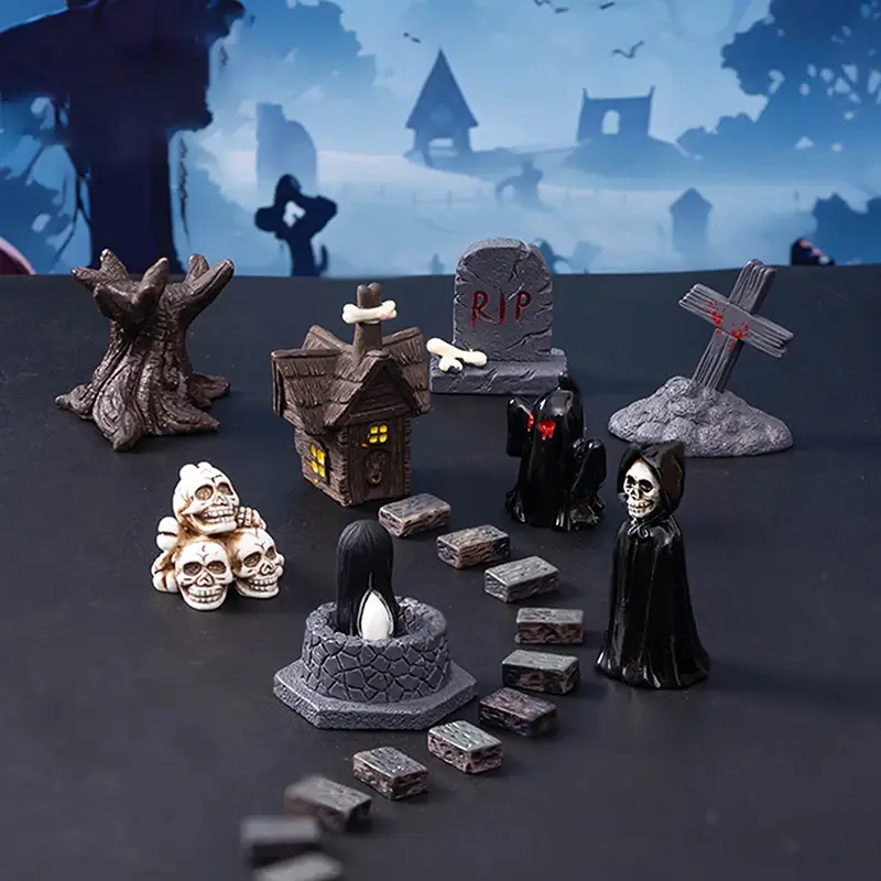 Thumbnail: Mini haunted scene with house, reaper, tombstones, pumpkins—adds layered spookiness to mossy terrariums and graveyard kits
