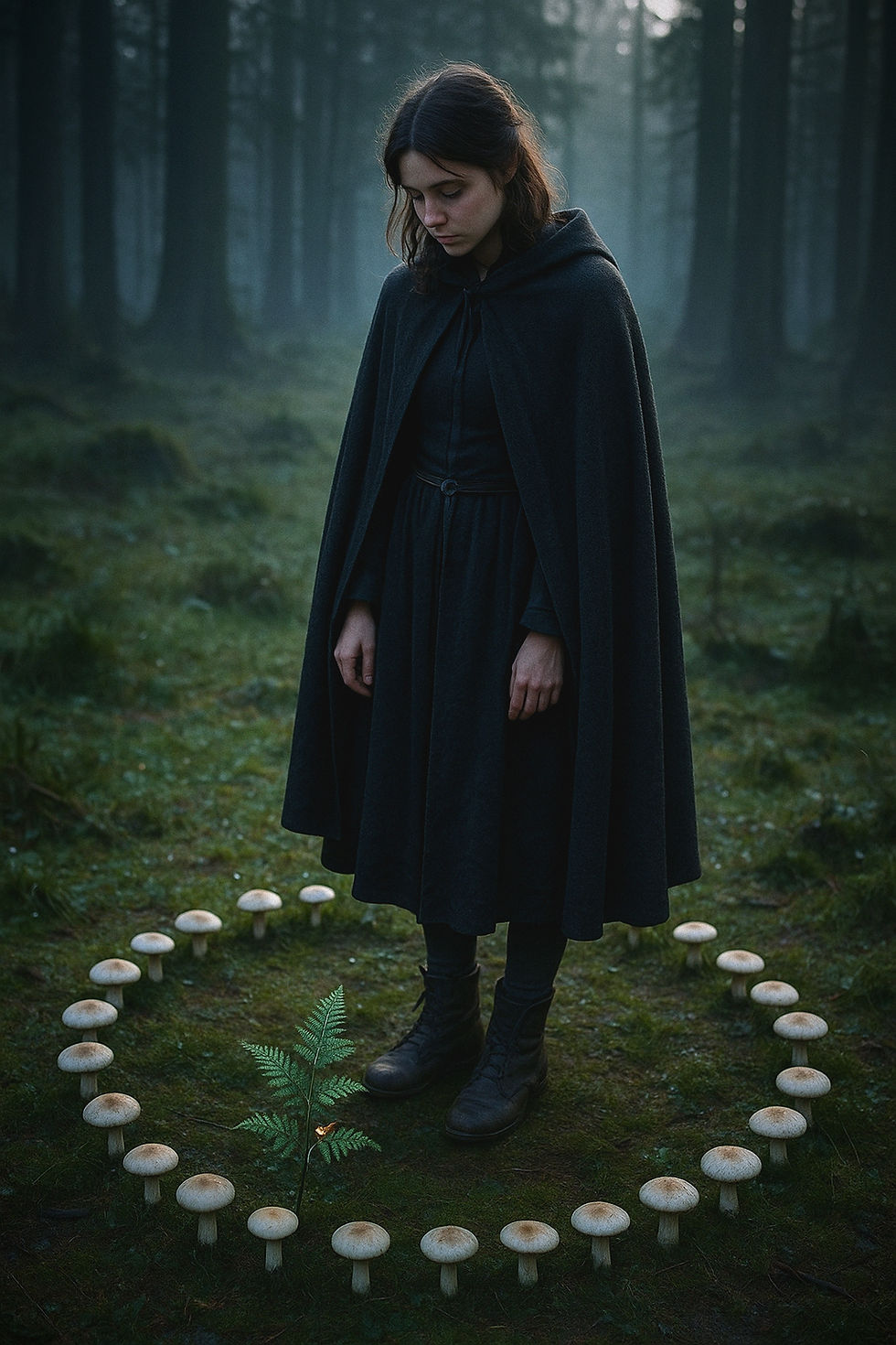 A woman in a dark cloak stands in a misty forest, encircled by mushrooms. She gazes down, creating a mysterious and serene mood.
