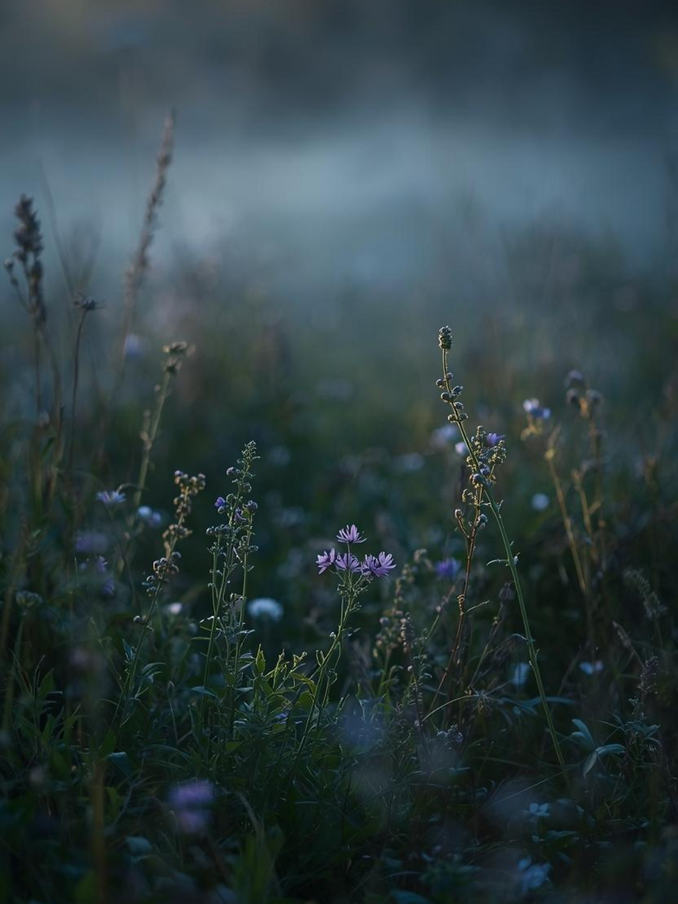 Purple wildflowers in a misty meadow at dawn. Soft light creates a tranquil, moody atmosphere with blurred foliage in the background.