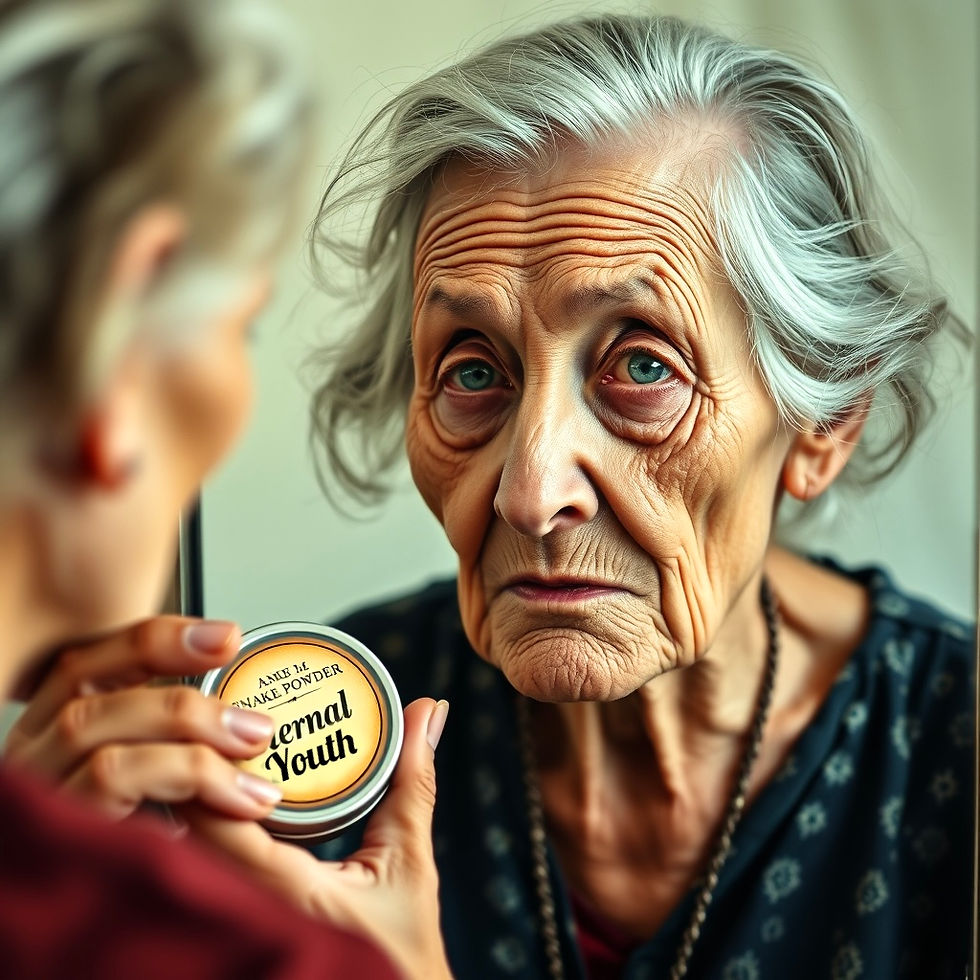 An elderly figure peers into a mirror, clutching a jar labeled “Snake Powder Eternal Youth”—a dubious remedy promising ageless beauty, but delivering haunted boot vibes.