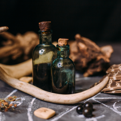 Two dark glass bottles with corks sit inside a large antler. Feathers, black beads, and dried herbs on a gray surface create an earthy vibe.