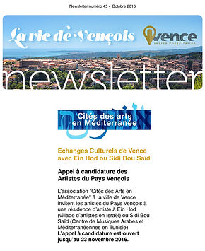 NEWSLETTER DE VENCE - octobre 2016 - Echanges culturels de Vence avec Ein Hod et Sidi Bou Said