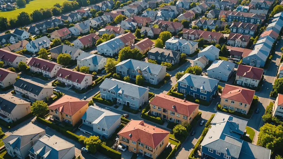 High-angle view of a residential area with several tinted windows visible
