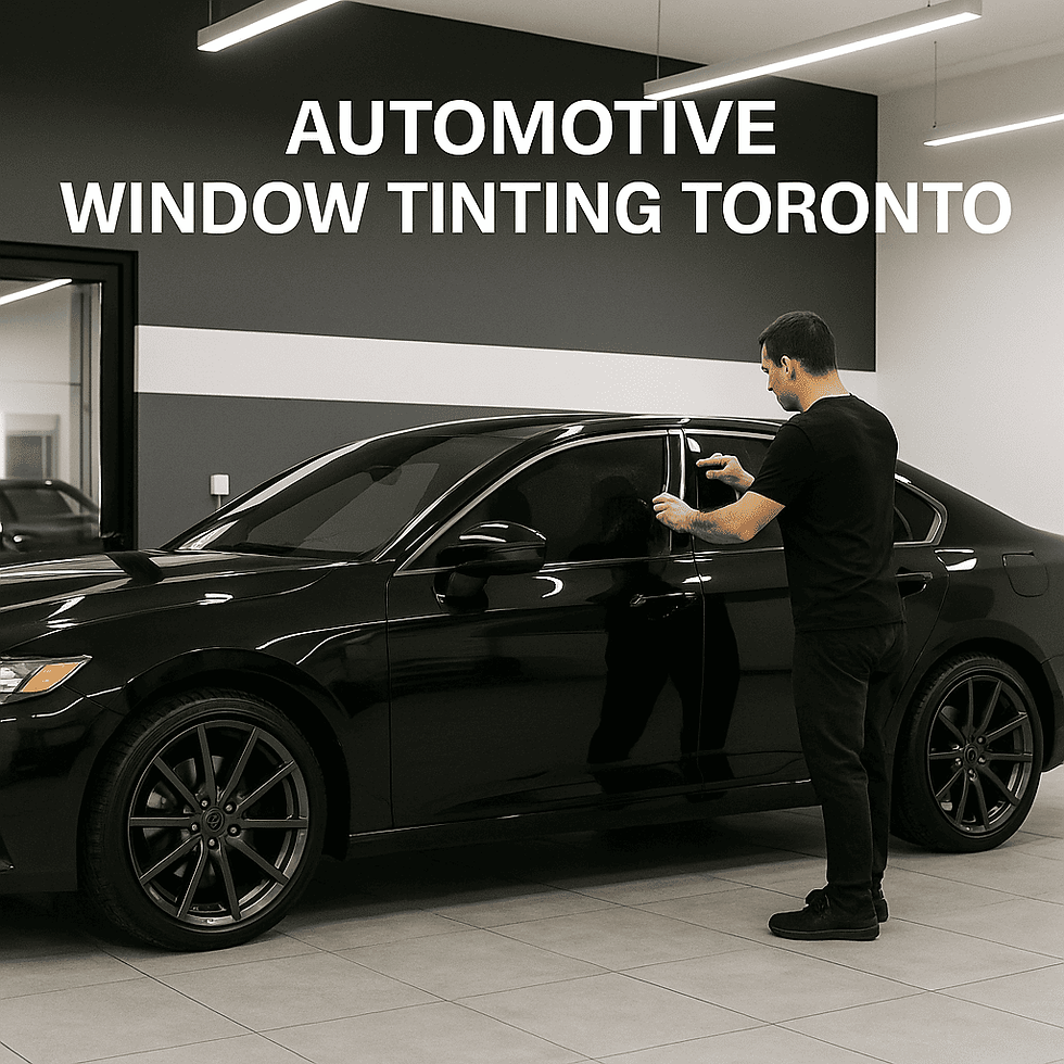 Technician applying ceramic window tint film on a black sedan inside a modern auto shop in Toronto, representing premium automotive window tinting service by Tint by Designs.