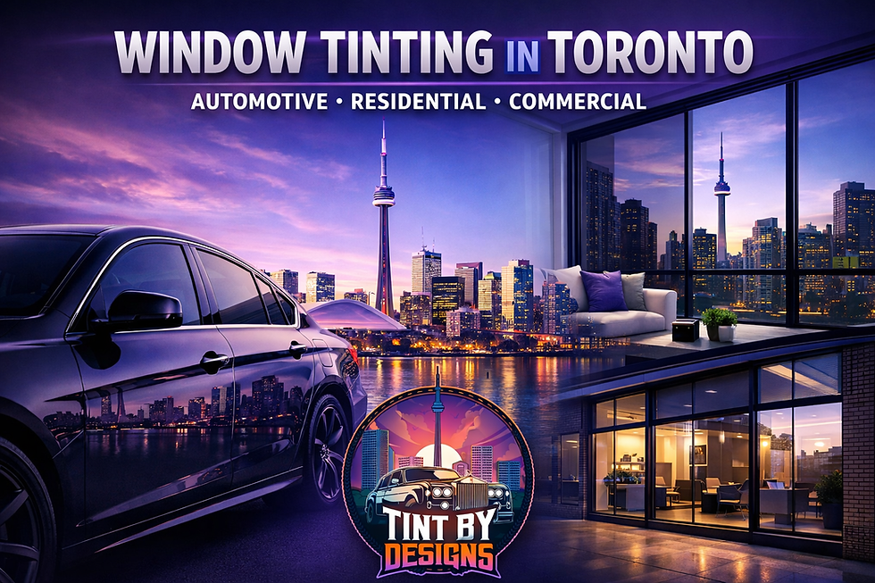Professional window tinting in Toronto featuring automotive, residential, and commercial installations with a tinted luxury car, modern condo windows, office glass, and the Toronto skyline, branded by Tint by Designs.