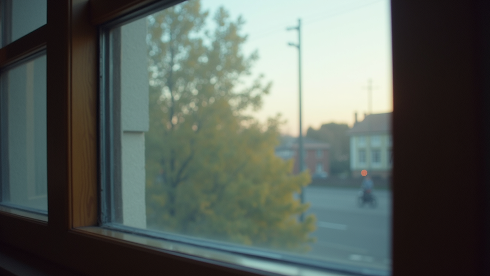 Eye-level view of a window with reflective privacy film showing outdoor scenery