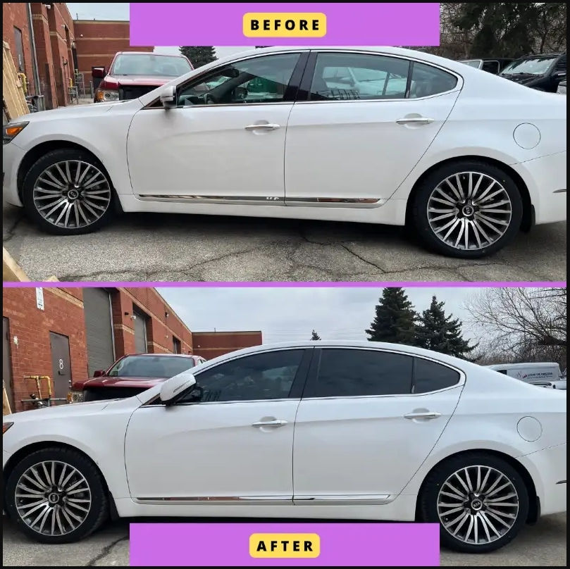 Before and after photo showing a Toronto sedan with factory-clear glass transformed with premium ceramic tints for style, privacy, and UV protection.