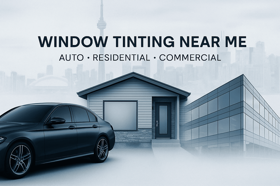 Promotional graphic for window tinting services showing a tinted car, residential home with frosted windows, and a commercial glass building with the Toronto skyline in the background. Text reads ‘Window Tinting Near Me – Auto, Residential, Commercial.