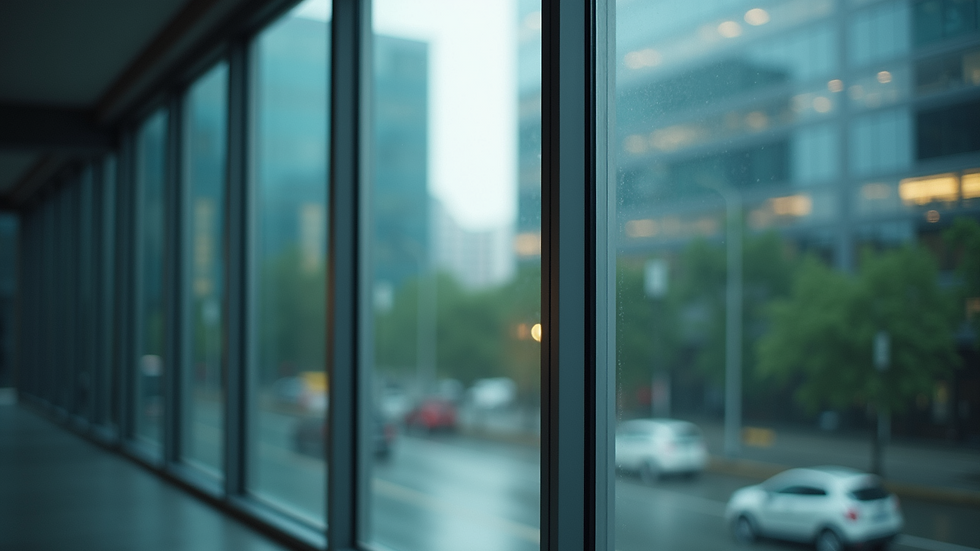 Eye-level view of office building windows with reflective tint