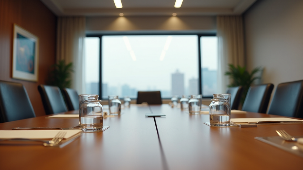 Eye-level view of a conference room table arranged for a meeting