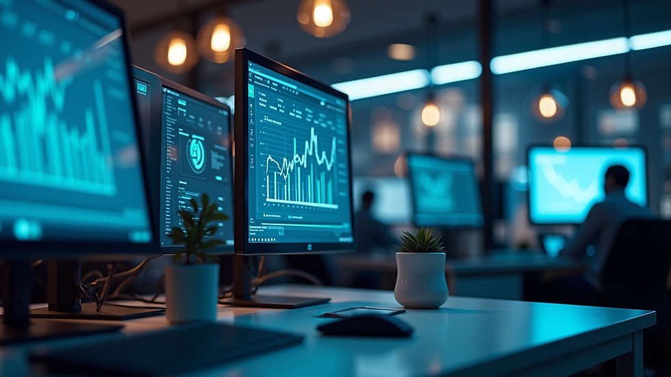 Eye-level view of a modern office workspace with multiple computer screens displaying data analytics
