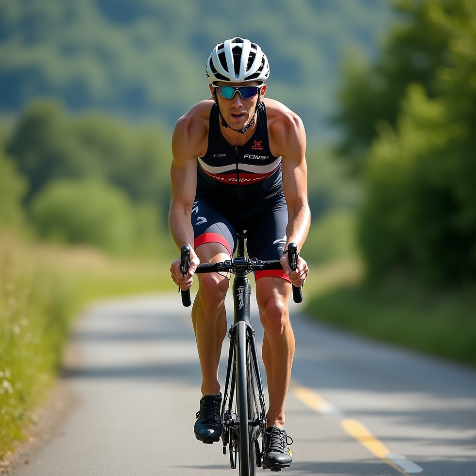 Cyclist in a black and red kit rides on a sunny, tree-lined road. Wearing a helmet and sunglasses, focused, with blurred green background.