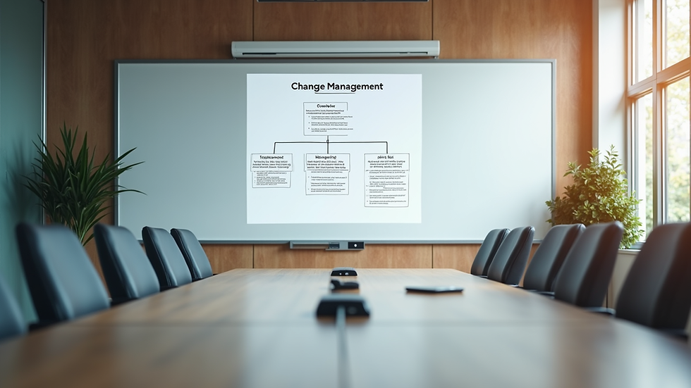 Eye-level view of a conference room with a whiteboard showing a change management plan