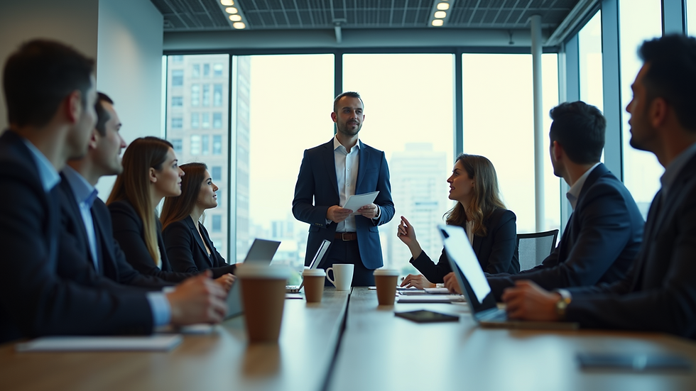 Eye-level view of a modern office with a CTO leading a team meeting