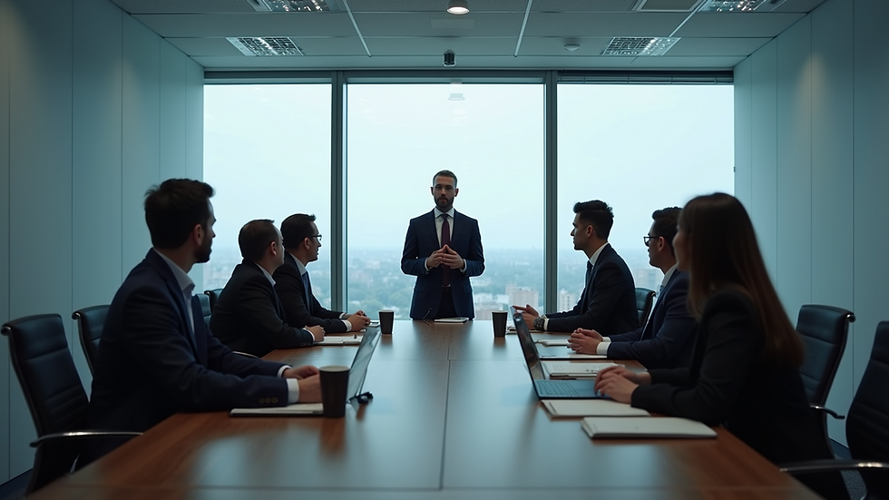 Eye-level view of a modern office meeting room with a CIO presenting to executives
